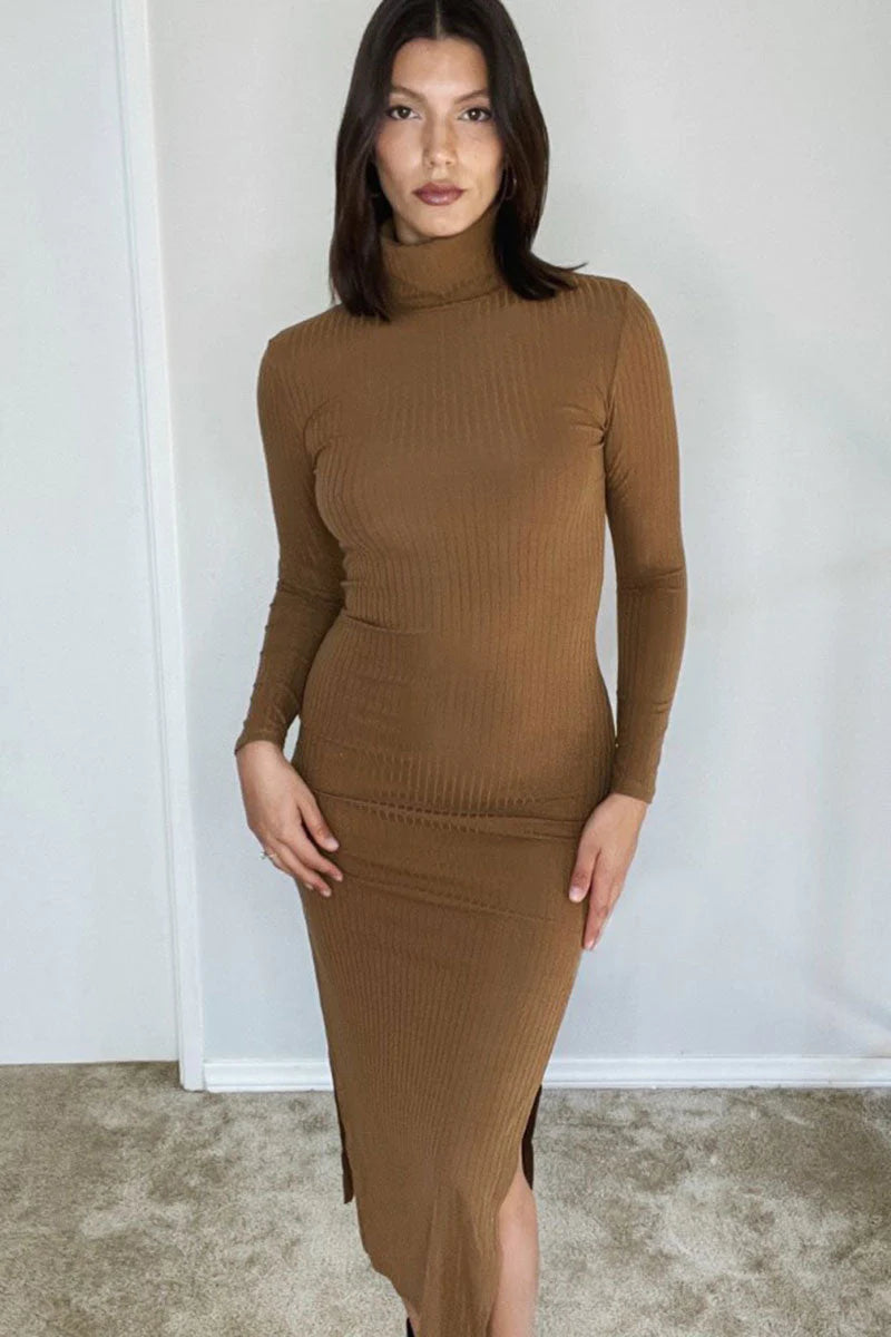 Ribbed Turtle Neck Side Slit Maxi Dress (CAPELLA)