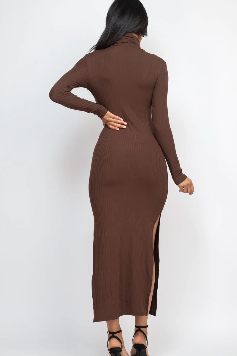 Ribbed Turtle Neck Side Slit Maxi Dress (CAPELLA)