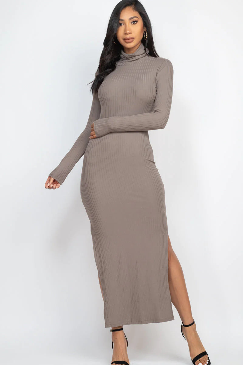 Ribbed Turtle Neck Side Slit Maxi Dress (CAPELLA)