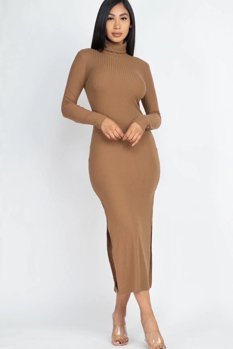 Ribbed Turtle Neck Side Slit Maxi Dress (CAPELLA)