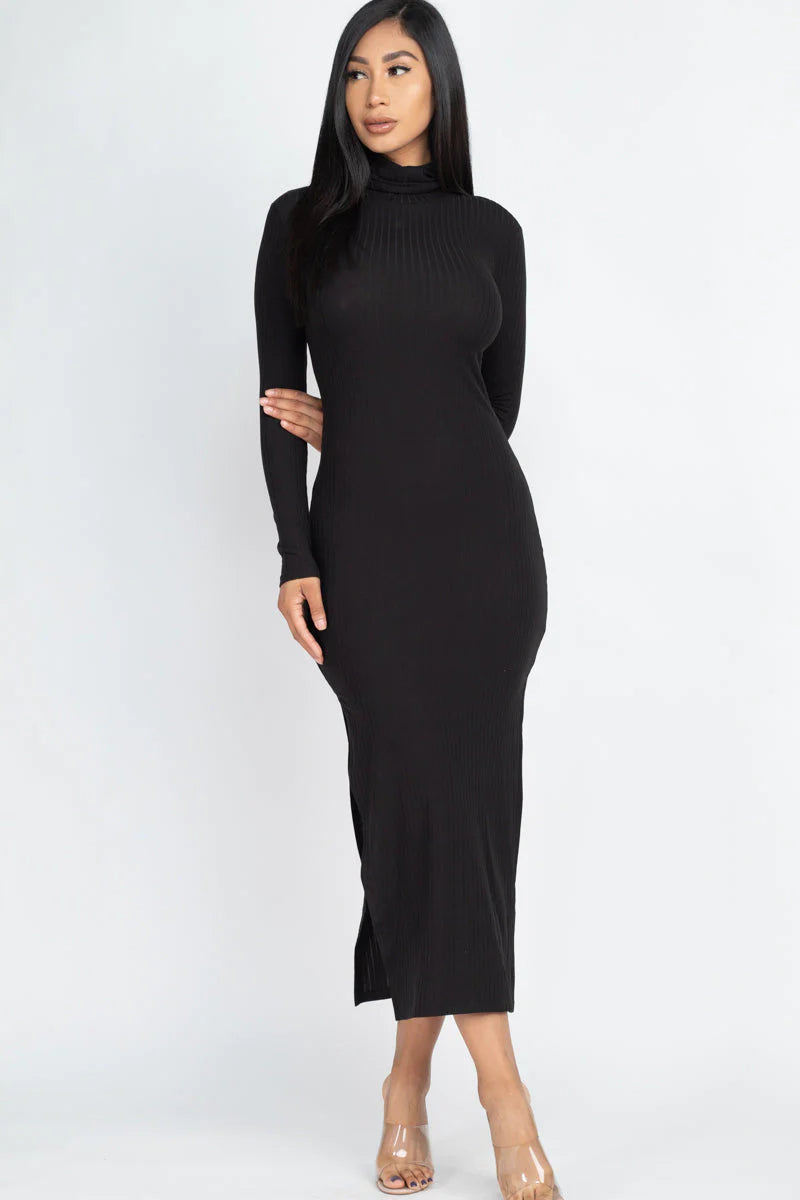 Ribbed Turtle Neck Side Slit Maxi Dress (CAPELLA)