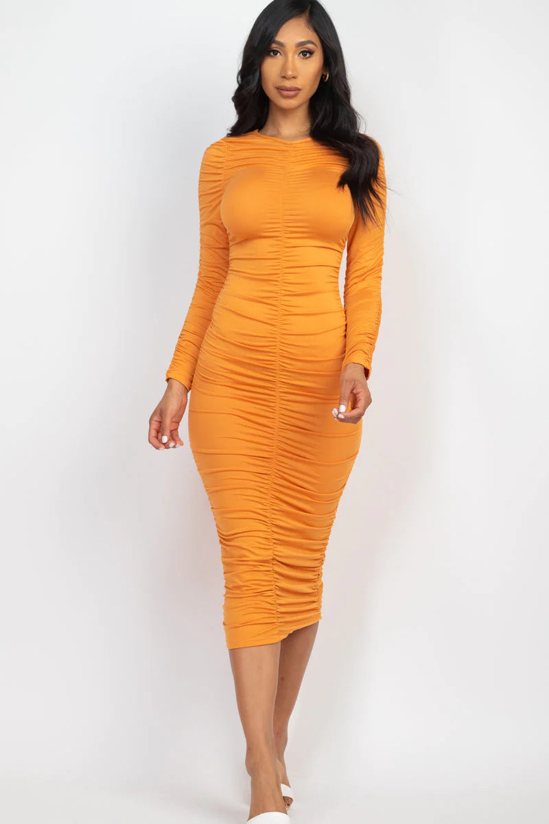 Ruched Long Sleeve Midi Dress (CAPELLA)