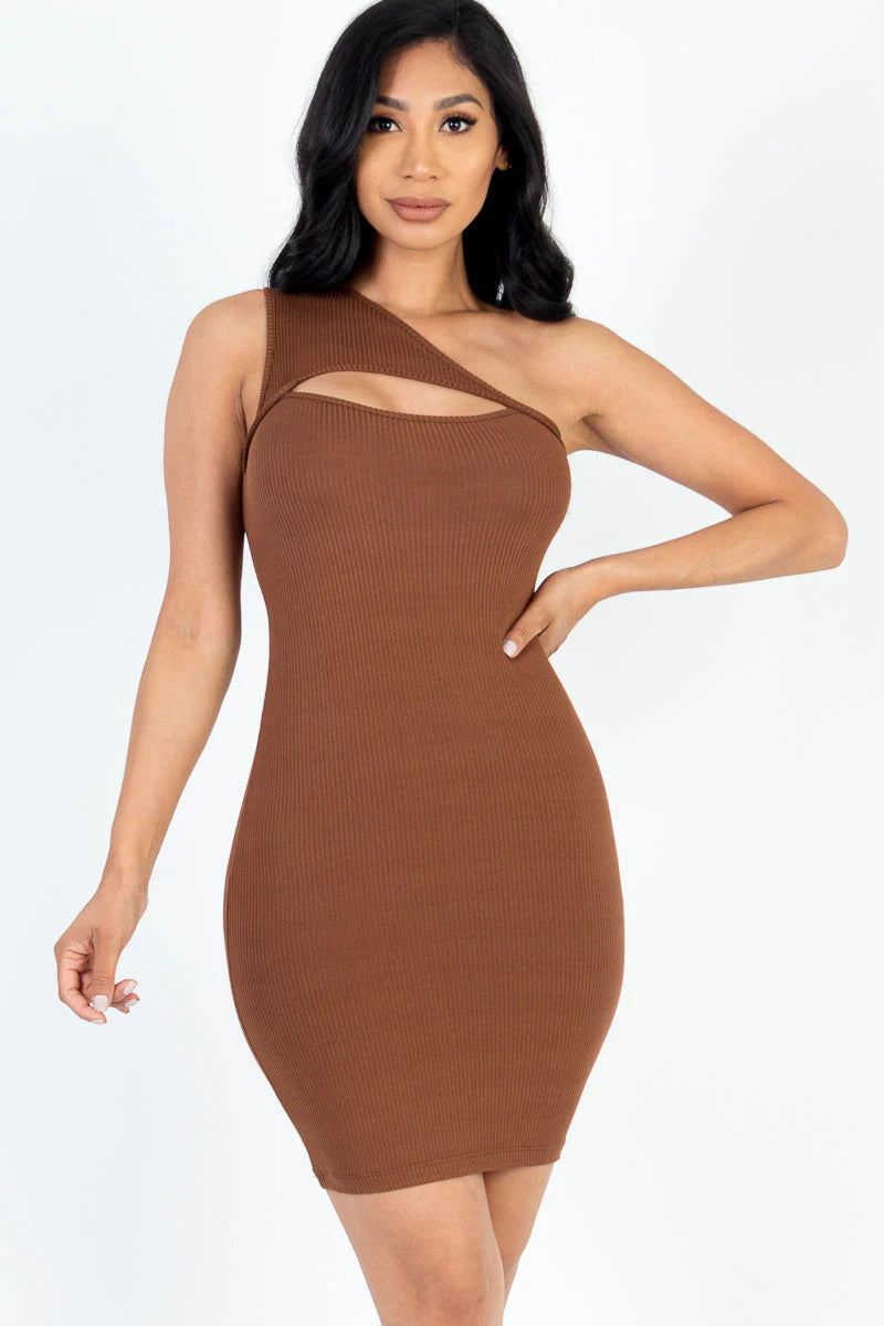 Ribbed One Shoulder Cutout Front Casual Mini Bodycon Dress (CAPELLA)