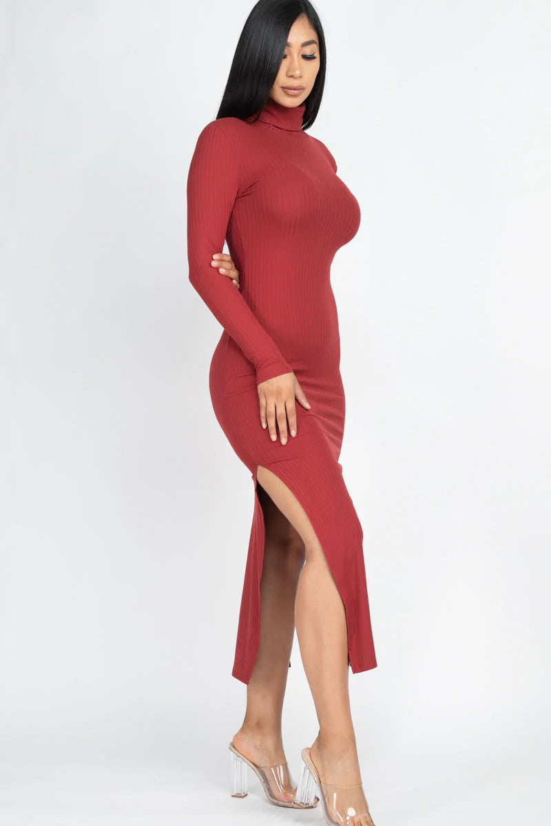 Ribbed Turtle Neck Side Slit Maxi Dress (CAPELLA)