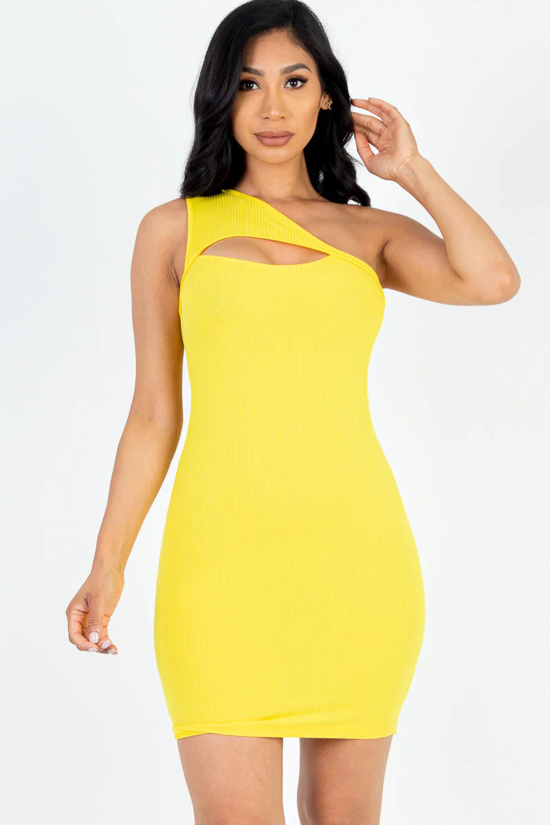 Ribbed One Shoulder Cutout Front Casual Mini Bodycon Dress (CAPELLA)