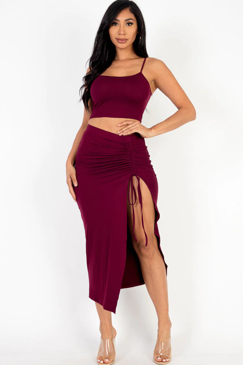 Cami Crop Top & Ruched Side Split Hem Midi Skirt Set (CAPELLA)