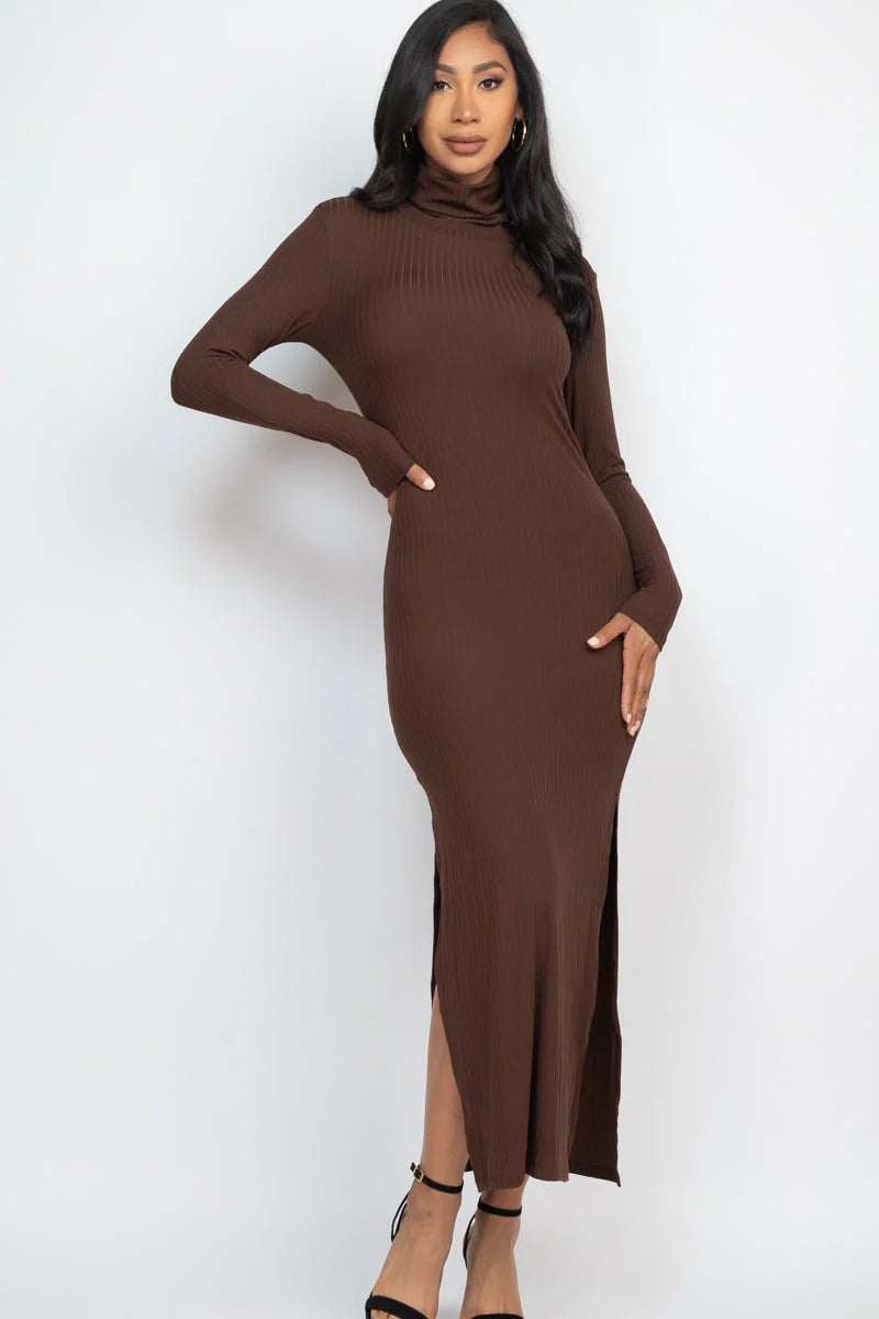 Ribbed Turtle Neck Side Slit Maxi Dress (CAPELLA)