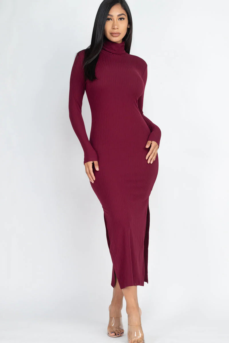 Ribbed Turtle Neck Side Slit Maxi Dress (CAPELLA)