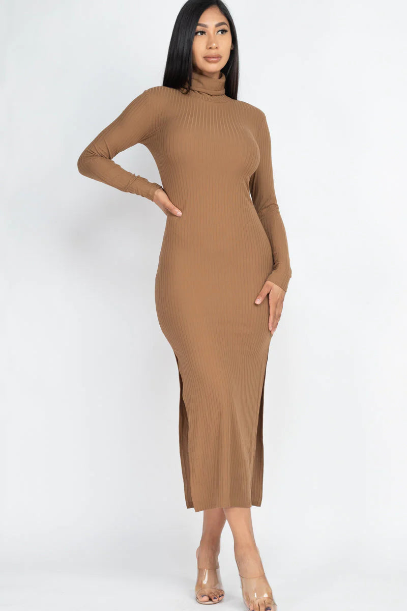 Ribbed Turtle Neck Side Slit Maxi Dress (CAPELLA)