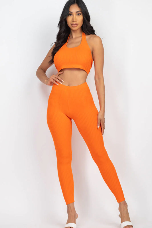 Ribbed Back Tied Halter Neck Crop Top & Leggings Sets (CAPELLA)