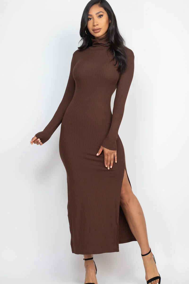 Ribbed Turtle Neck Side Slit Maxi Dress (CAPELLA)