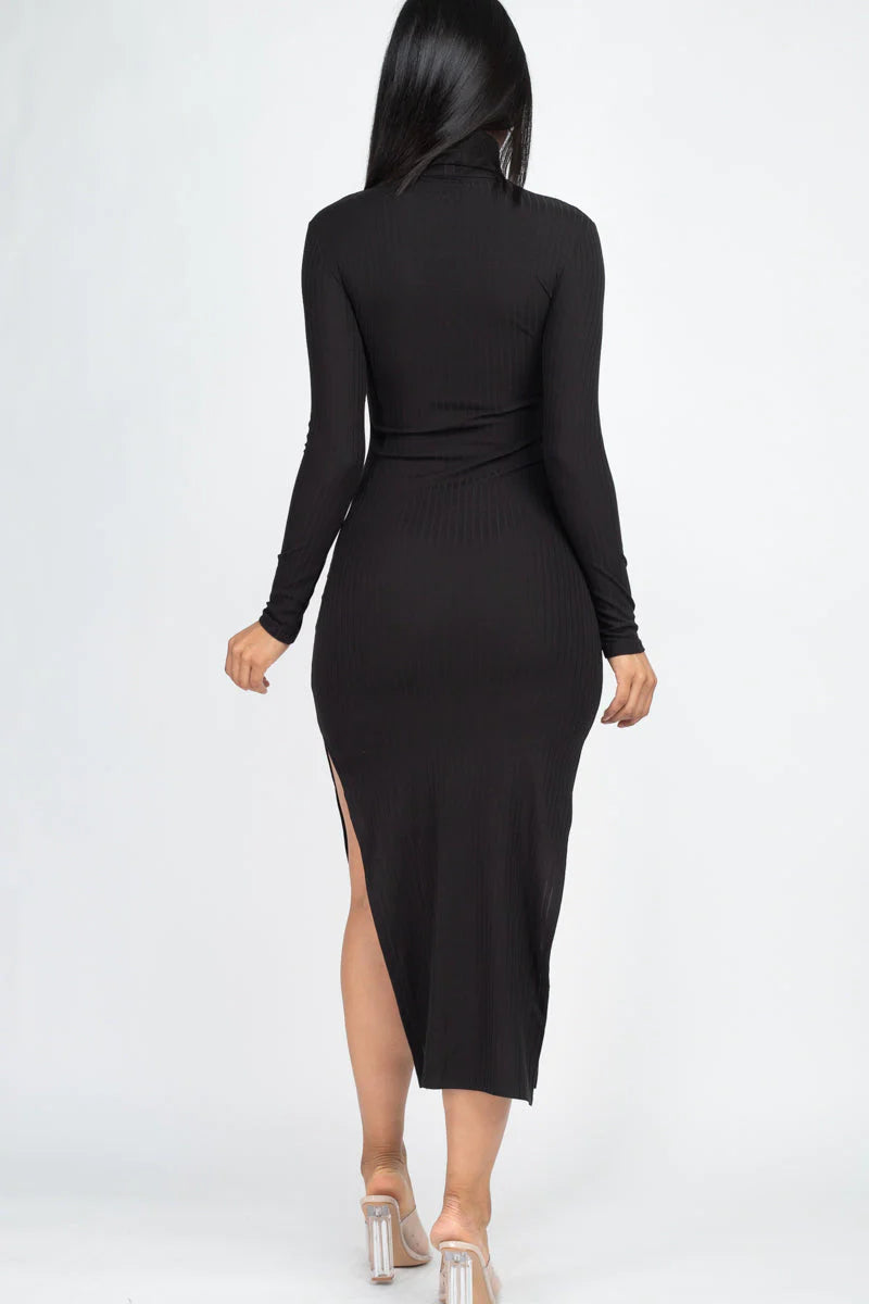 Ribbed Turtle Neck Side Slit Maxi Dress (CAPELLA)