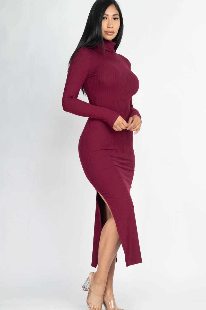 Ribbed Turtle Neck Side Slit Maxi Dress (CAPELLA)